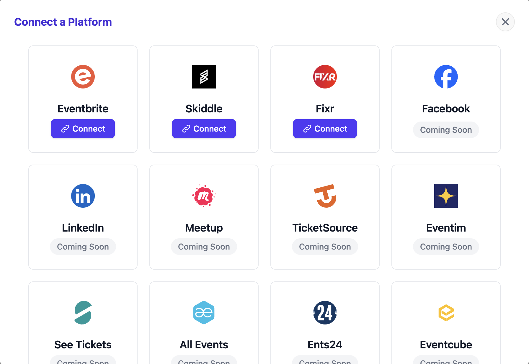 Screenshot of selecting platforms in BeamEvents